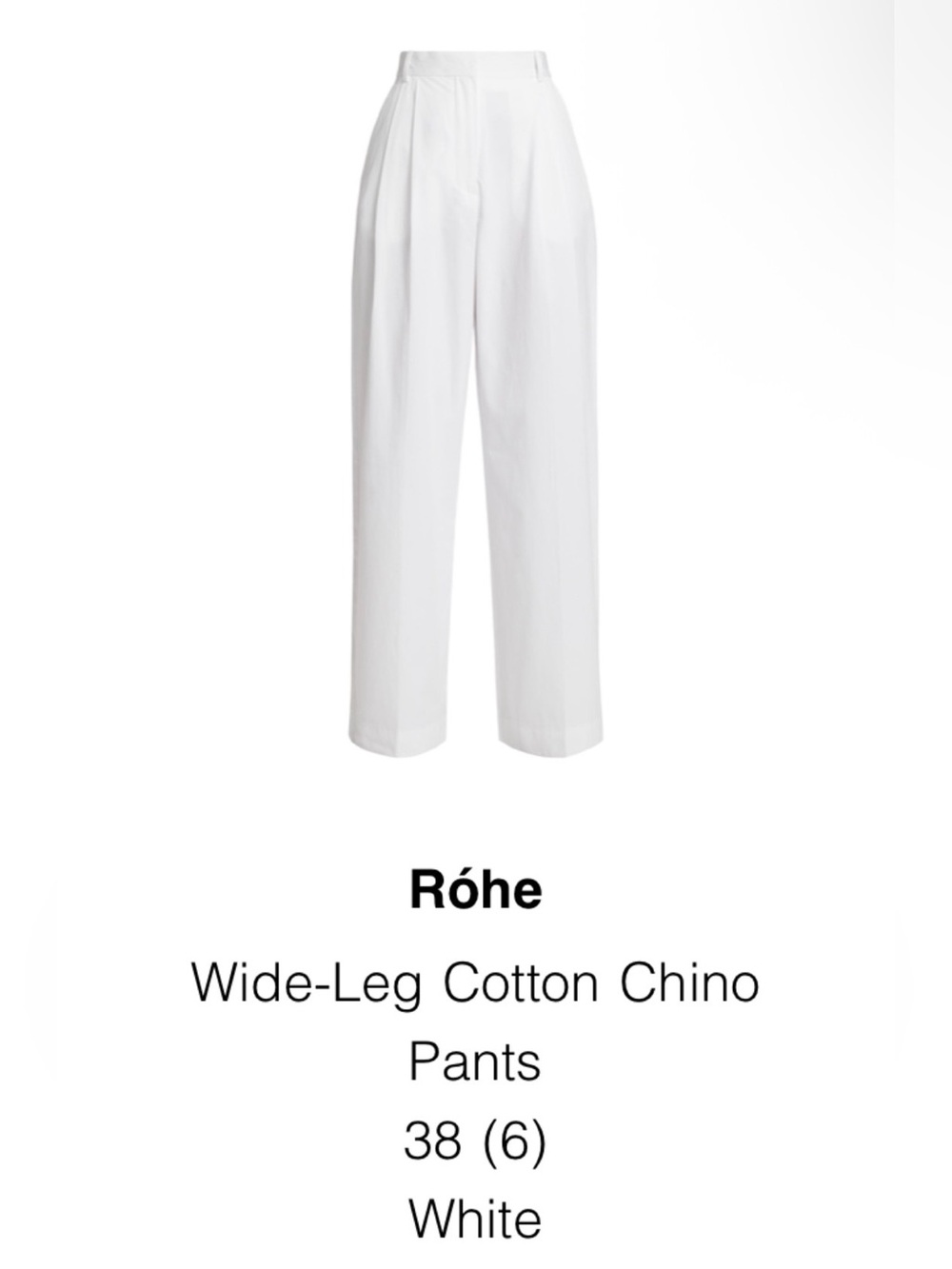 Rohe Wide Leg Cotton Chino Pants Size 6 (38) White NWT